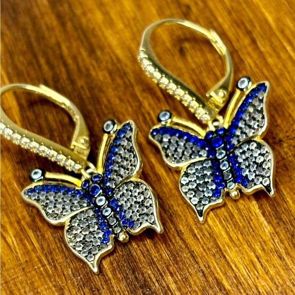 Beautiful Gold Plated 925 Blue Rhinestone Butterfly Earrings - Picture 9 of 10
